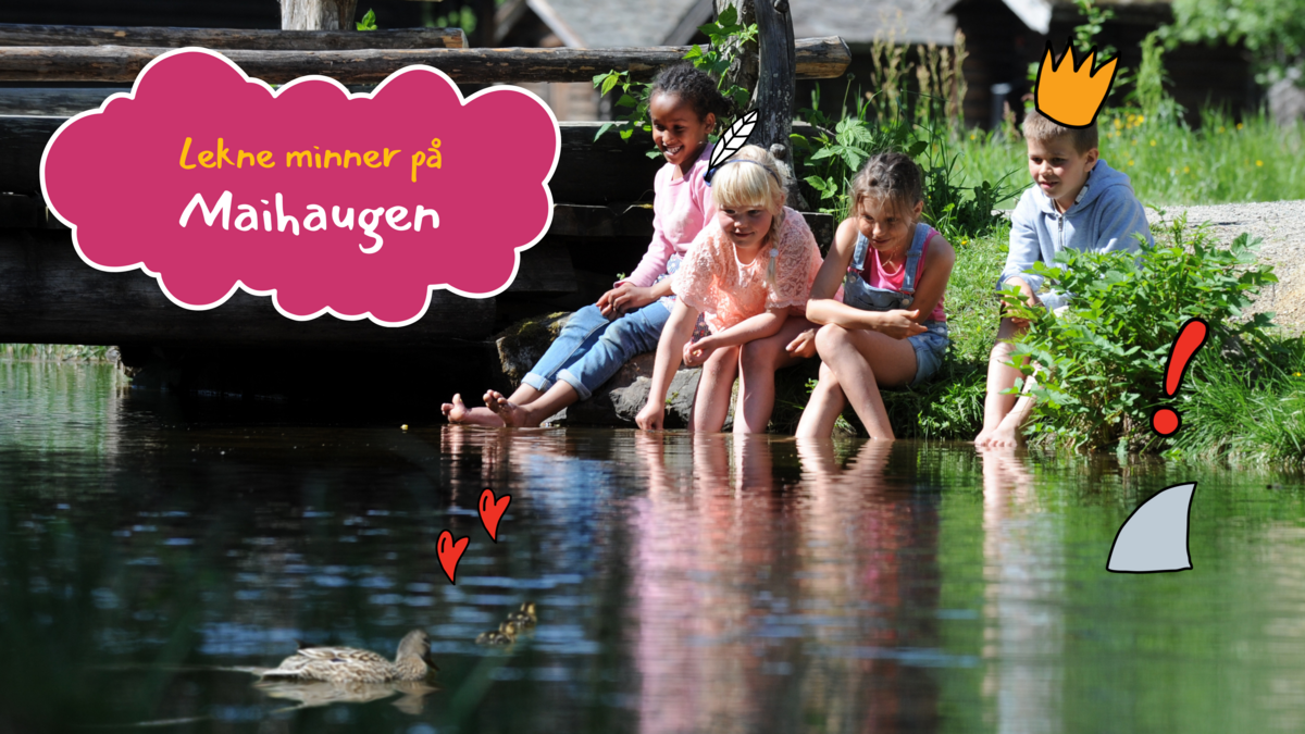 Lekne minner på Maihaugen. Barn sitter i vannkanten og lokker på ender.